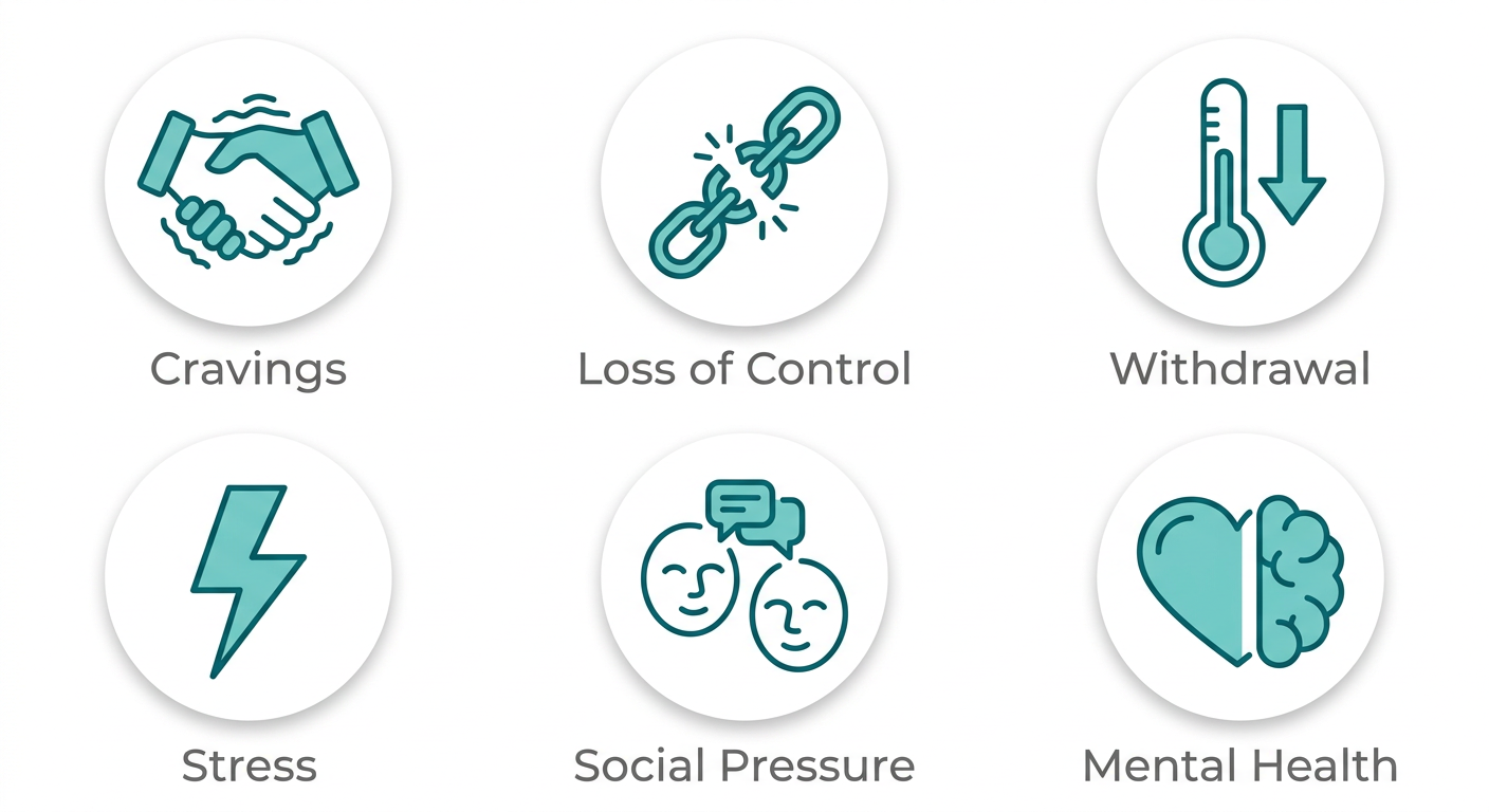 Grid of 6 outline style icons representing addiction symptoms and triggers
