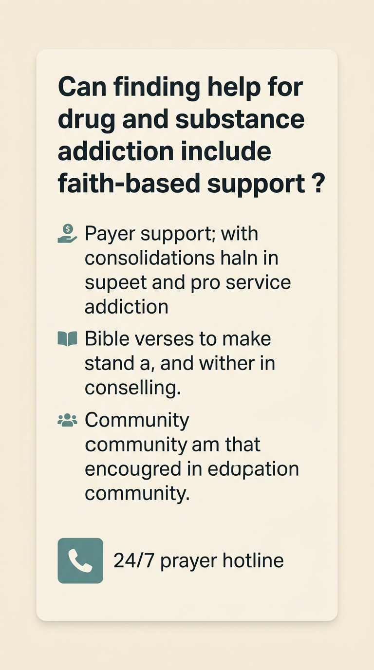 FAQ infographic: Can finding help for drug and substance addiction include faith-based support? Lists prayer support, Bible verses, community encouragement, 24/7 prayer hotline.