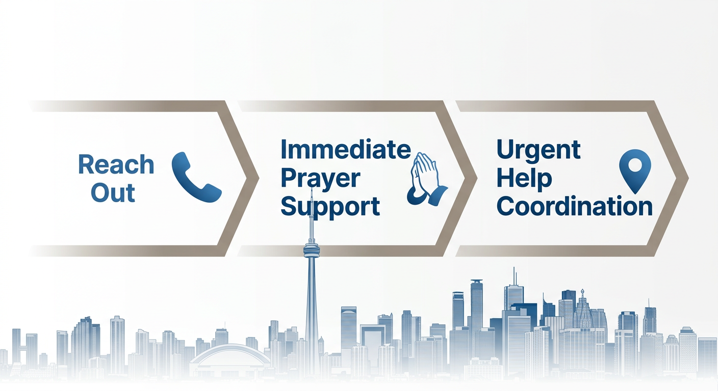 Three-step process flow showing spiritual support from prayer hotline to urgent help coordination