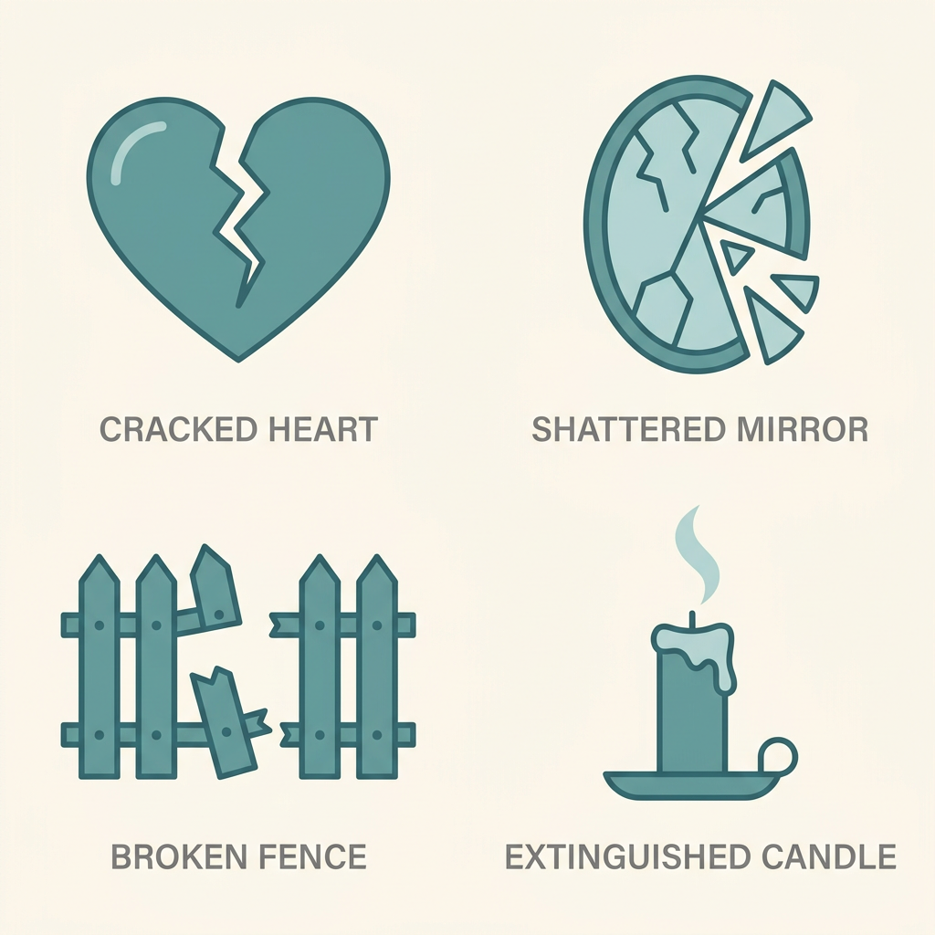 Icon set showing emotional abuse with cracked heart, narcissistic abuse with shattered mirror, physical abuse with broken fence, and spiritual abuse with extinguished candle, in muted teal with soft gray labels