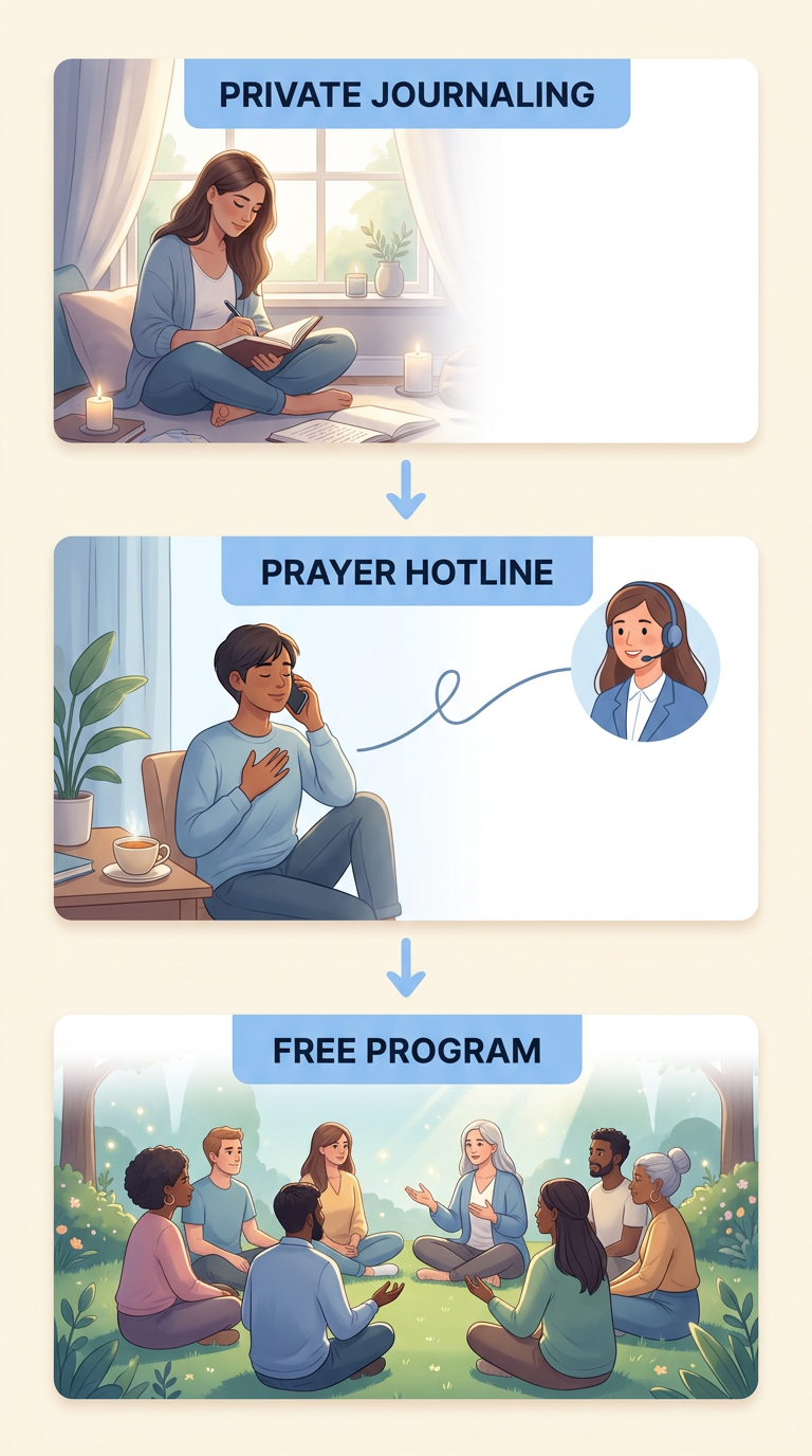 Three-step process showing private journaling, calling a prayer hotline, and downloading a free 21-day program for spiritual support.