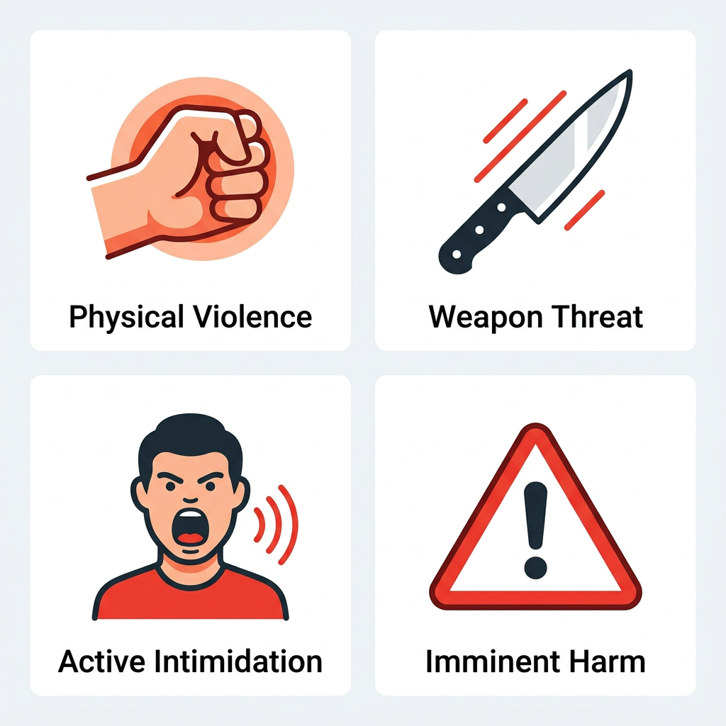 A set of four flat icons on a white background: a fist for physical violence, a knife for weapon threat, a shouting figure for active intimidation, and a warning triangle for imminent harm. Each icon has a short label below: 'Physical Violence', 'Weapon Threat', 'Active Intimidation', 'Imminent Harm'.