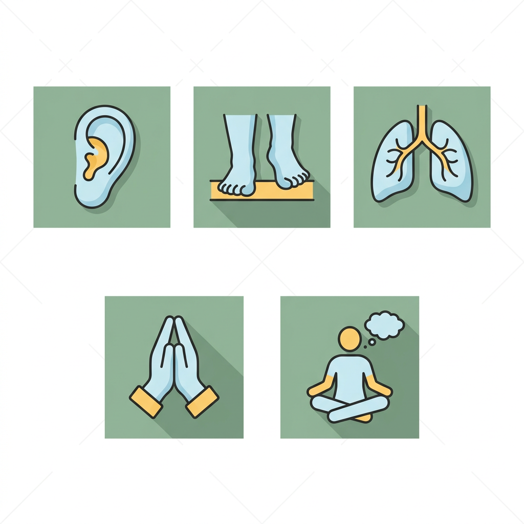 Set of five icons representing crisis intervention techniques: listening ear, grounding feet, breathing lungs, praying hands, and meditating figure in calming colors