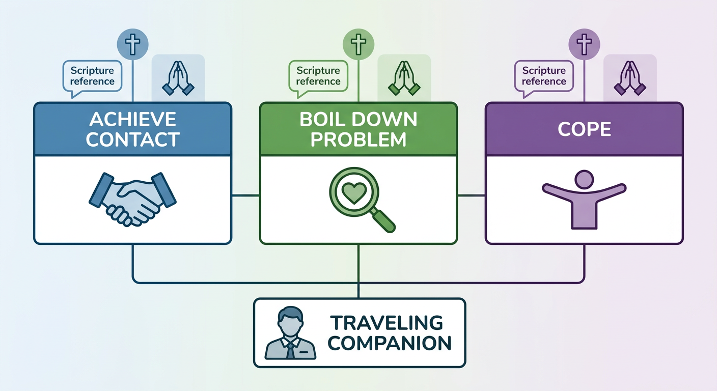 Horizontal three-step process flow for the crisis intervention model, showing icons for contact, problem-solving, and coping with faith overlays and a Traveling Companion support box.