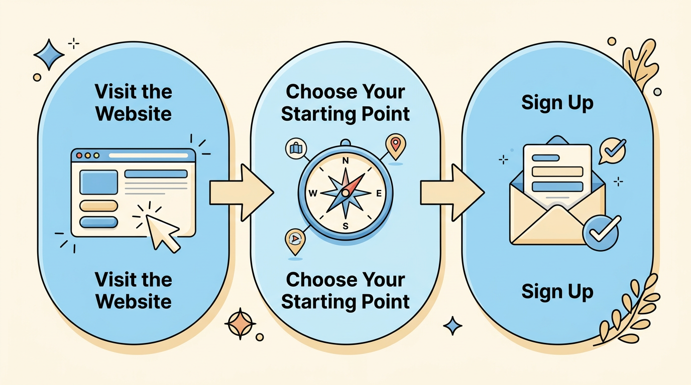 Three-step process showing how to join the spiritual transformation program: visit website, choose starting point, sign up via email or SMS.
