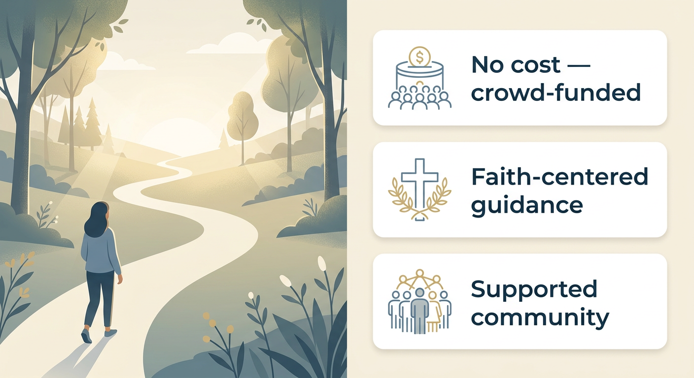 Split-panel infographic showing a winding path on the left and three callout boxes on the right describing the free crowd-funded program, faith-centered guidance, and supported community, in cream, dusty blue, and soft gold.