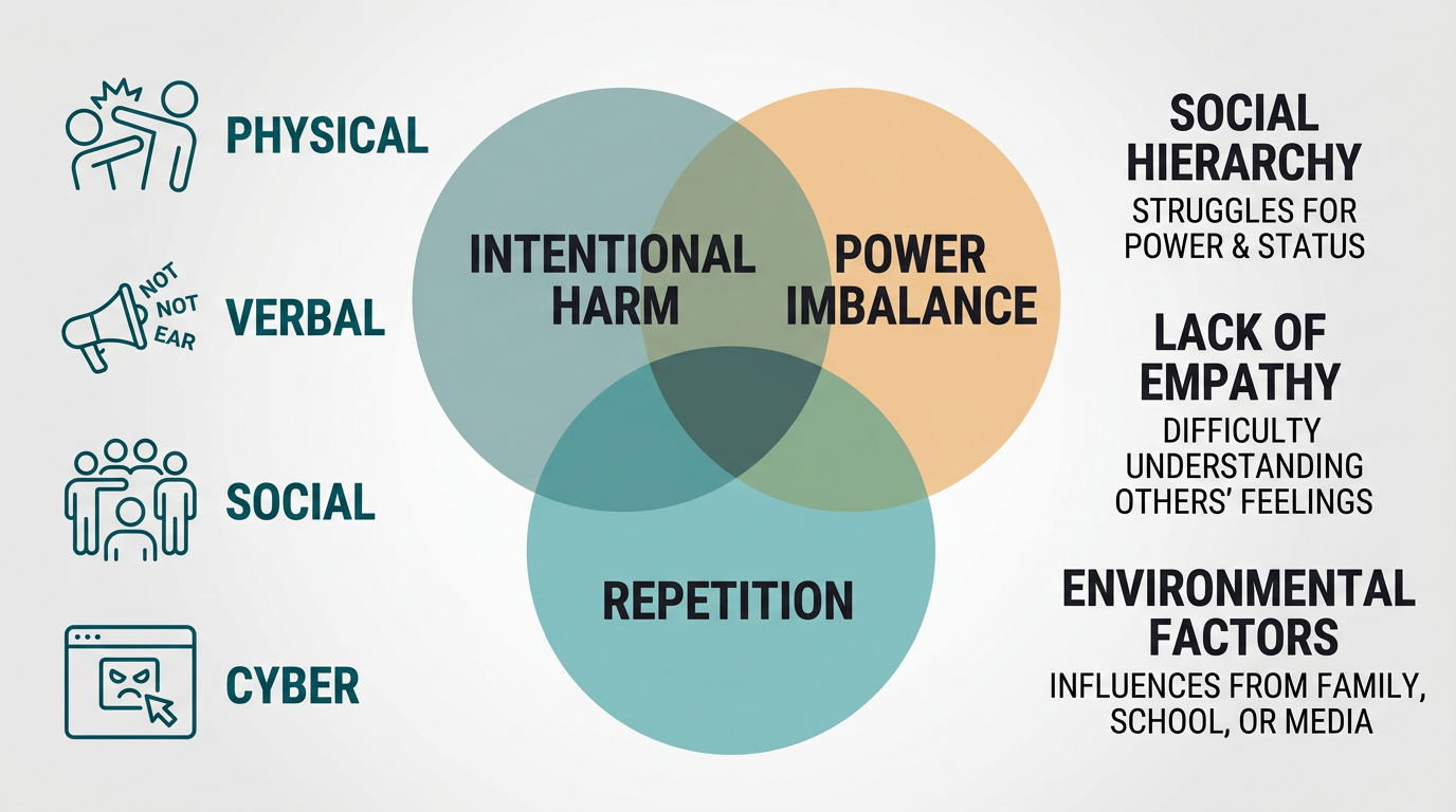 Infographic defining bullying with three overlapping elements: Intentional Harm, Power Imbalance, Repetition. Four icon rows showing Physical, Verbal, Social, Cyber forms. Right section lists root causes: Social Hierarchy, Lack of Empathy, Environmental Factors.