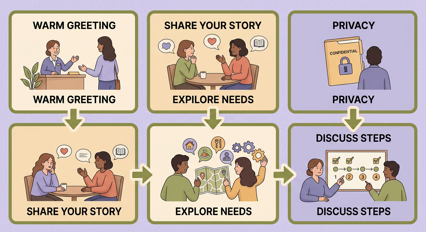 Five-step process flow showing what happens when reaching out to Path to a Better Life, from a friendly greeting to discussing next steps like the 21-day program or prayer partner.
