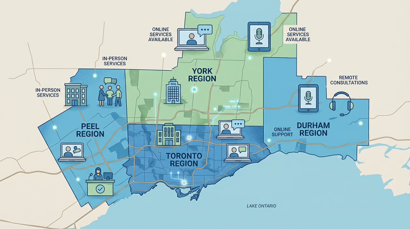 Infographic map of Greater Toronto Area showing service coverage regions with icons for in-person and online support