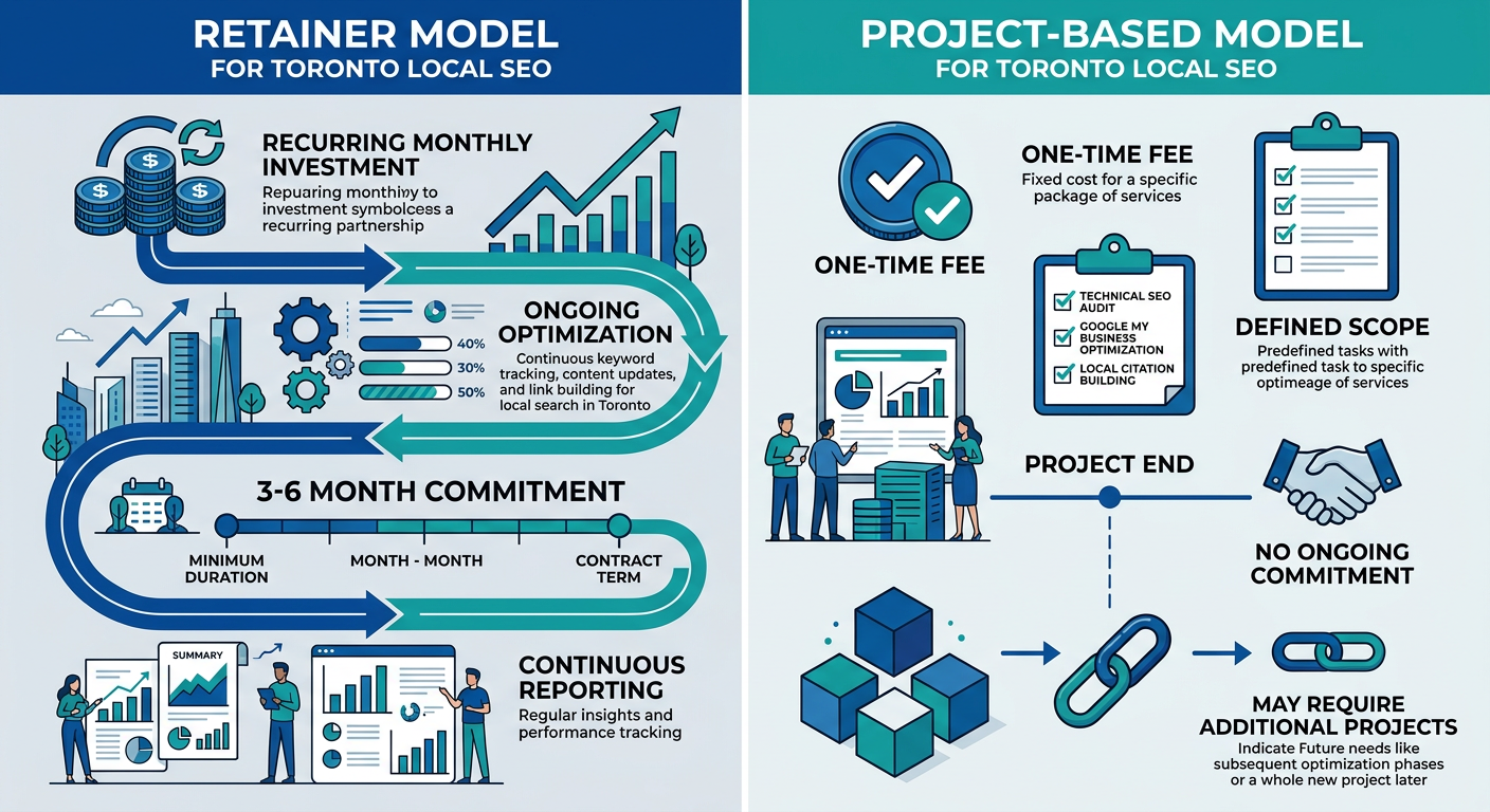 Local SEO Services in Toronto Infographic comparing retainer and project-based local SEO models for Toronto businesses, with two columns showing key features and differences.