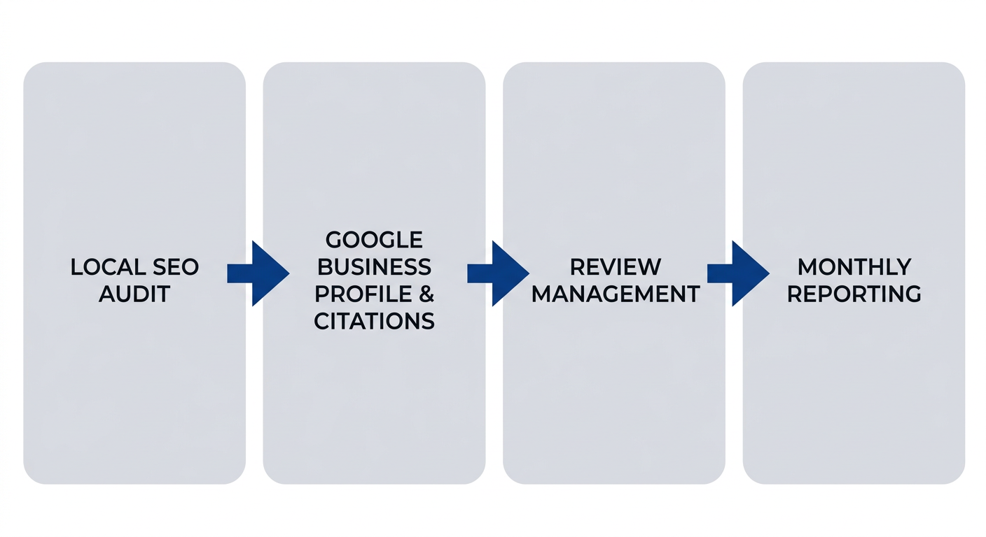 Local SEO Services in Toronto Local SEO process flow diagram showing 4 stages: Local SEO Audit, Google Business Profile and Citation Building, Review Management, and Transparent Monthly Reporting, connected by arrows in a horizontal layout