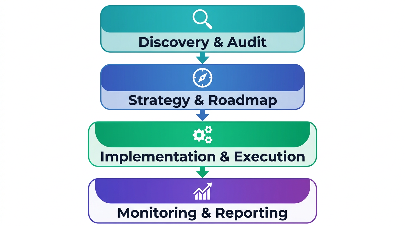 SEO Services in Toronto Top SEO Company Vertical process flow diagram of JavaLogix's four-stage SEO methodology showing Discovery and Audit, Strategy and Roadmap, Implementation and Execution, and Monitoring and Reporting stages.