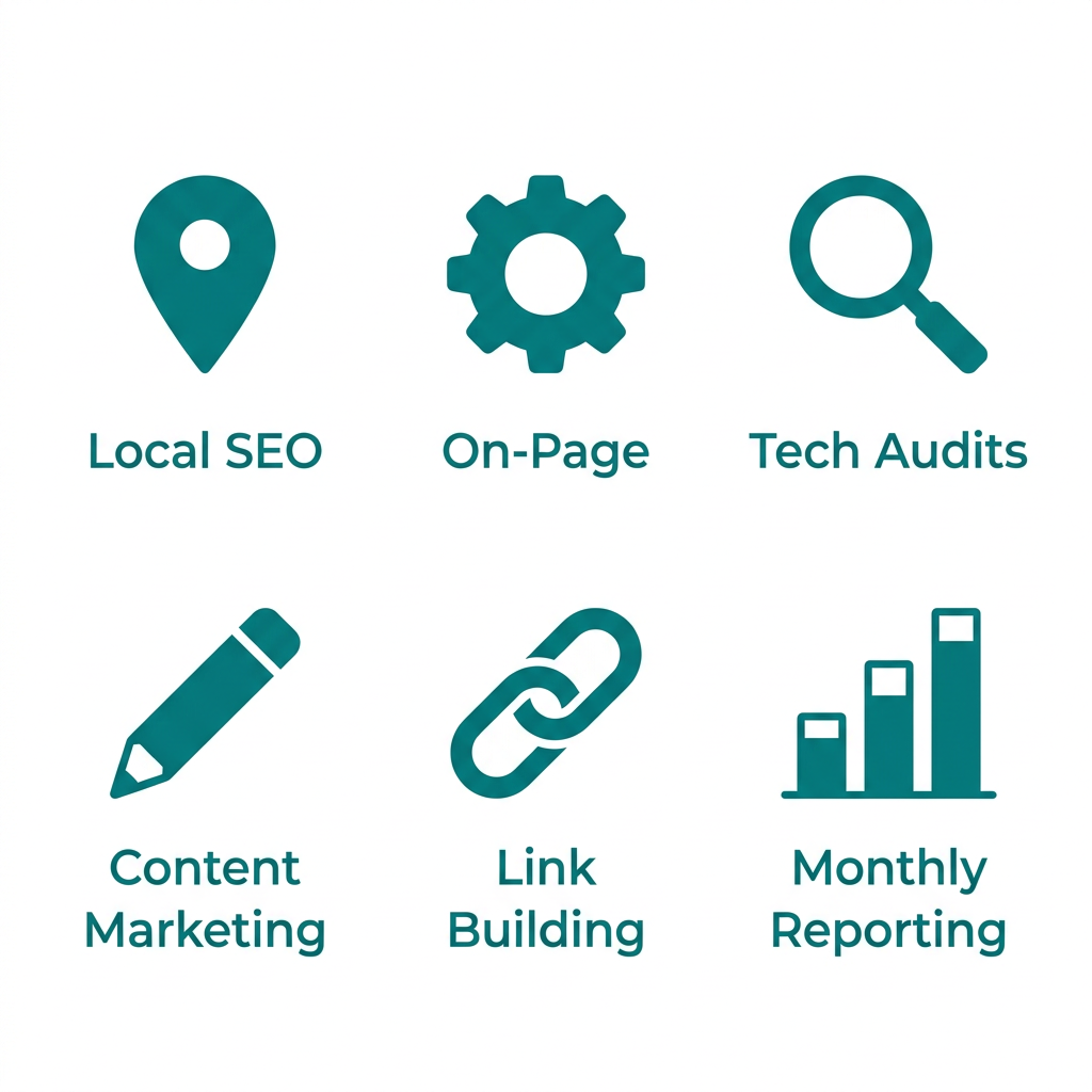 SEO Services in Toronto Top SEO Company Teal minimalist icons for Toronto SEO services: local SEO, on-page optimization, technical audits, content marketing, link building, and monthly reporting on a white background.