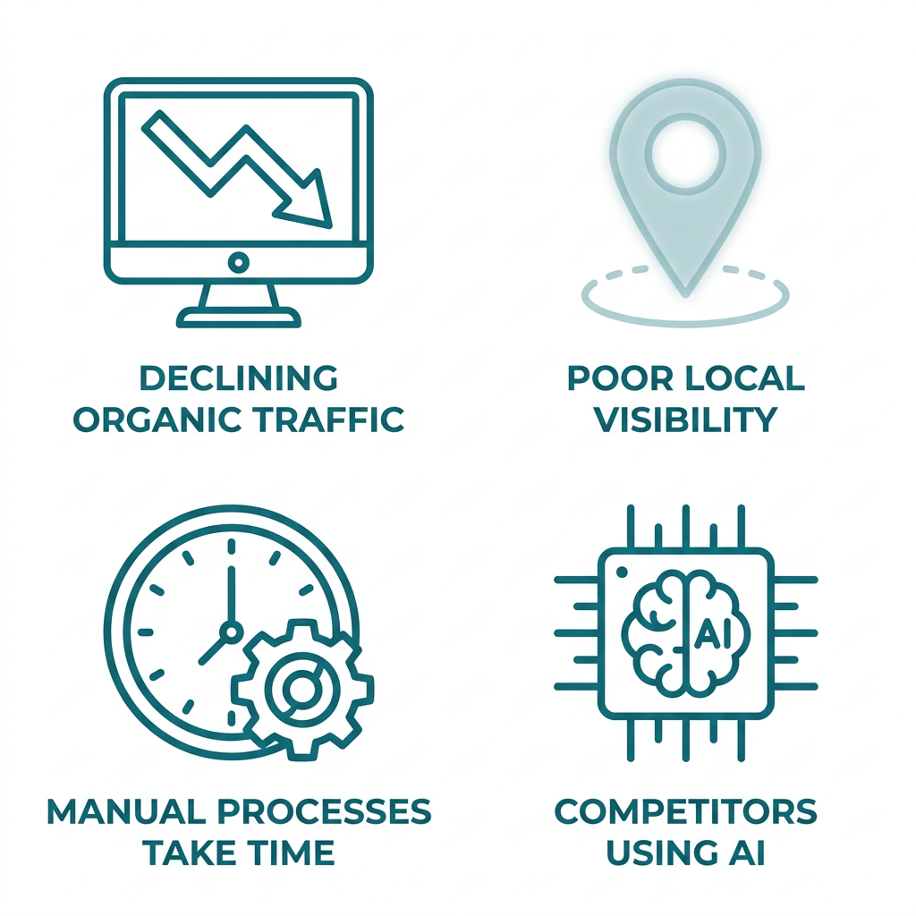 AI SEO and Consulting Services in Toronto Icon set showing signs a Toronto business needs AI-enhanced SEO and consulting: declining organic traffic, poor local search visibility, manual processes consuming time, and competitors using AI.