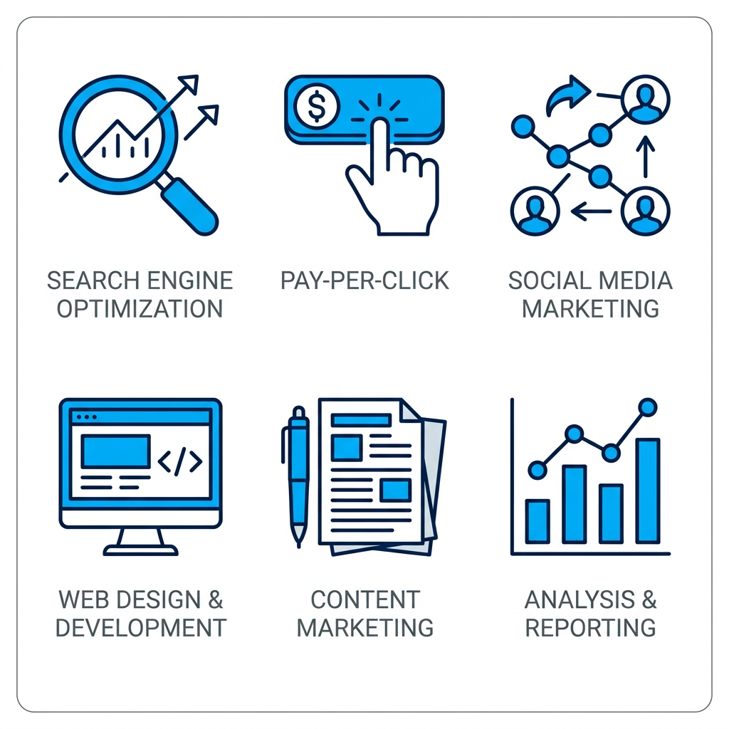 Digital Marketing Agency in Toronto Icon grid showing six digital marketing services: SEO, PPC, social media, web design, content marketing, and reporting