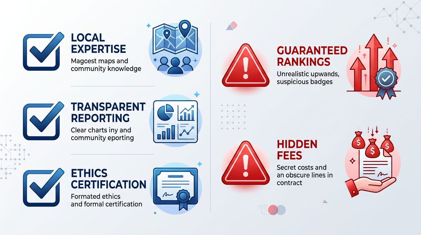 Digital Marketing Agency in Toronto Two-column checklist infographic comparing positive indicators and red flags for choosing a digital marketing agency