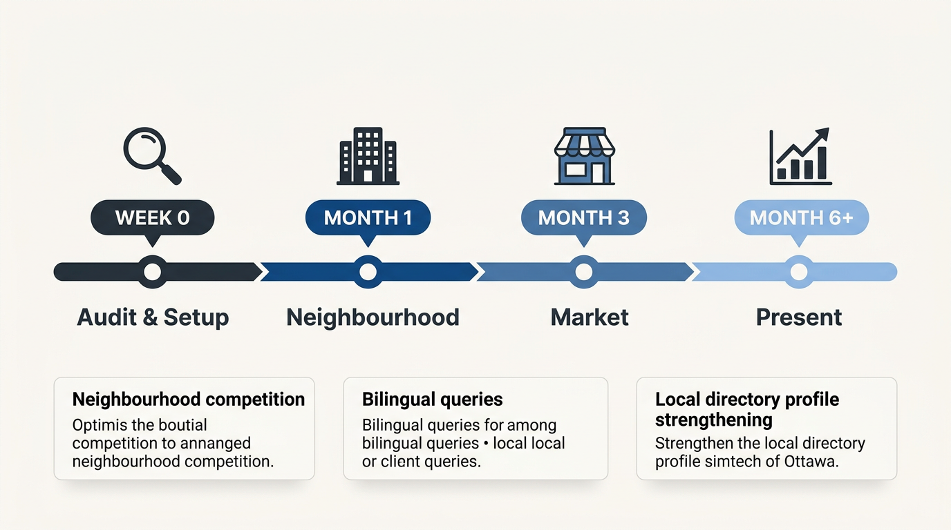 Local SEO Services in Ottawa Local SEO journey timeline for Ottawa businesses with milestones at Audit, month 1, month 3, and month 6+, featuring icons and context boxes about local competition and bilingual queries.