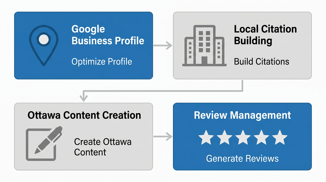 Local SEO Services in Ottawa Ottawa local SEO process flow diagram showing four core pillars in a 2x2 grid: Google Business Profile, local citations, content creation, and review management, with arrows forming a continuous cycle.