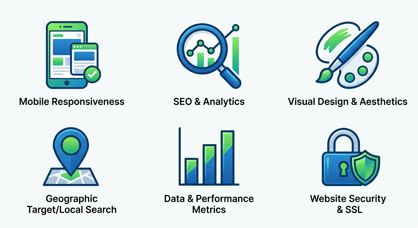 Web Design Services in Ottawa Infographic showing six web design selection criteria icons including responsive design, SEO, custom design, Ottawa local focus, transparent reporting, and privacy compliance