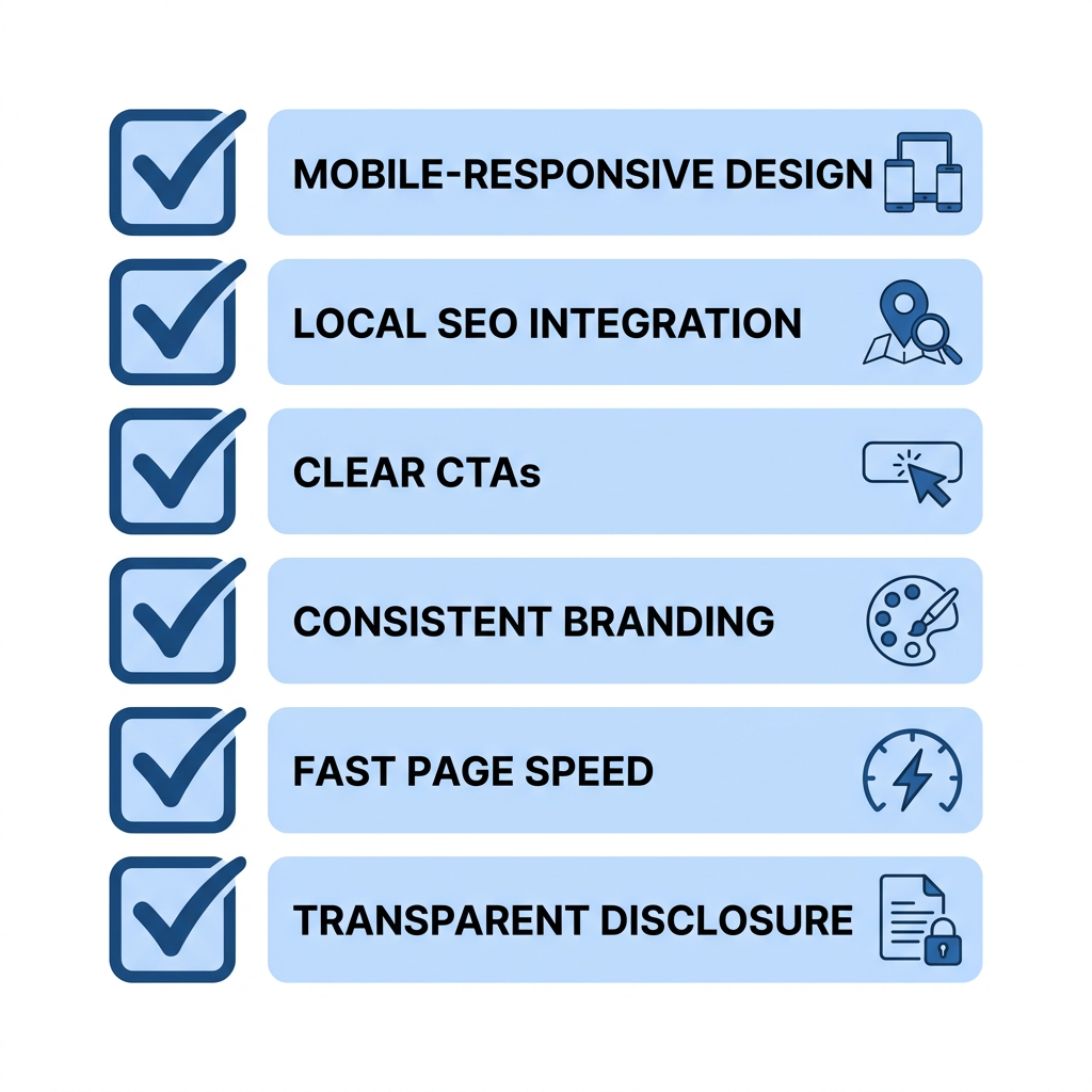 Web Design Services in Ottawa Checklist infographic for Ottawa web design with six items: mobile-responsive design, local SEO integration, clear calls-to-action, consistent branding, fast page load speed, and transparent disclosure.