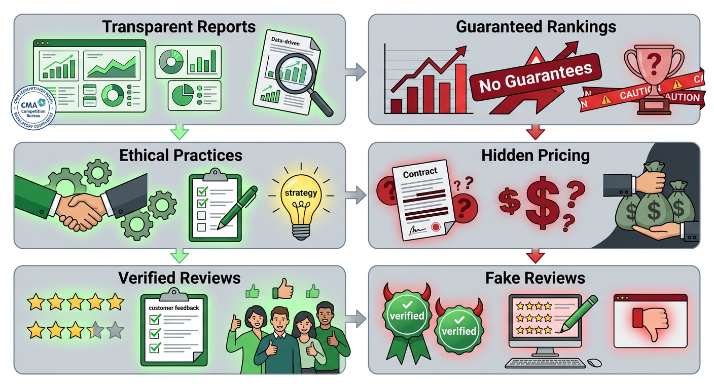 SEO Services in Canada Top SEO Company Dual-track flow diagram contrasting ethical SEO practices with red flags to watch for when hiring an SEO company