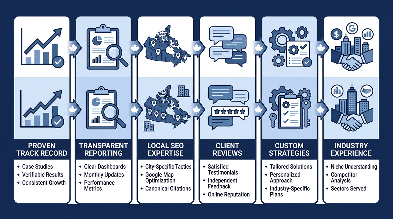 SEO Services in Canada Top SEO Company Horizontal infographic with six connected blocks showing criteria for choosing a top SEO company in Canada, using a professional blue-and-white palette with Canadian-themed accents.