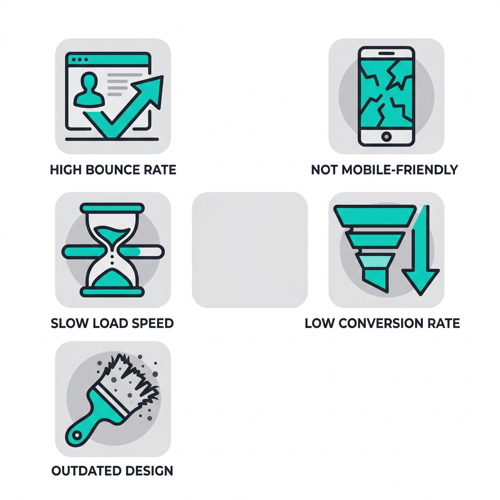 Web Design Services in Canada Icon set showing five signs your business needs a professional web design overhaul, including high bounce rate, not mobile-friendly, slow load speed, low conversion rate, and outdated design
