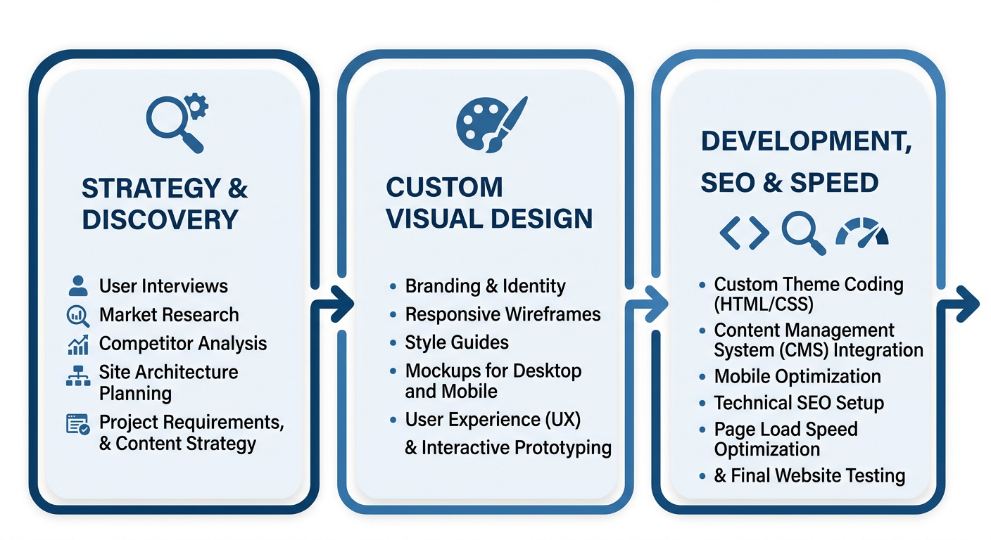 Web Design Services in Canada Three-step horizontal process flow showing web design package phases: Strategy and Discovery, Custom Visual Design, and Development SEO and Speed Optimisation