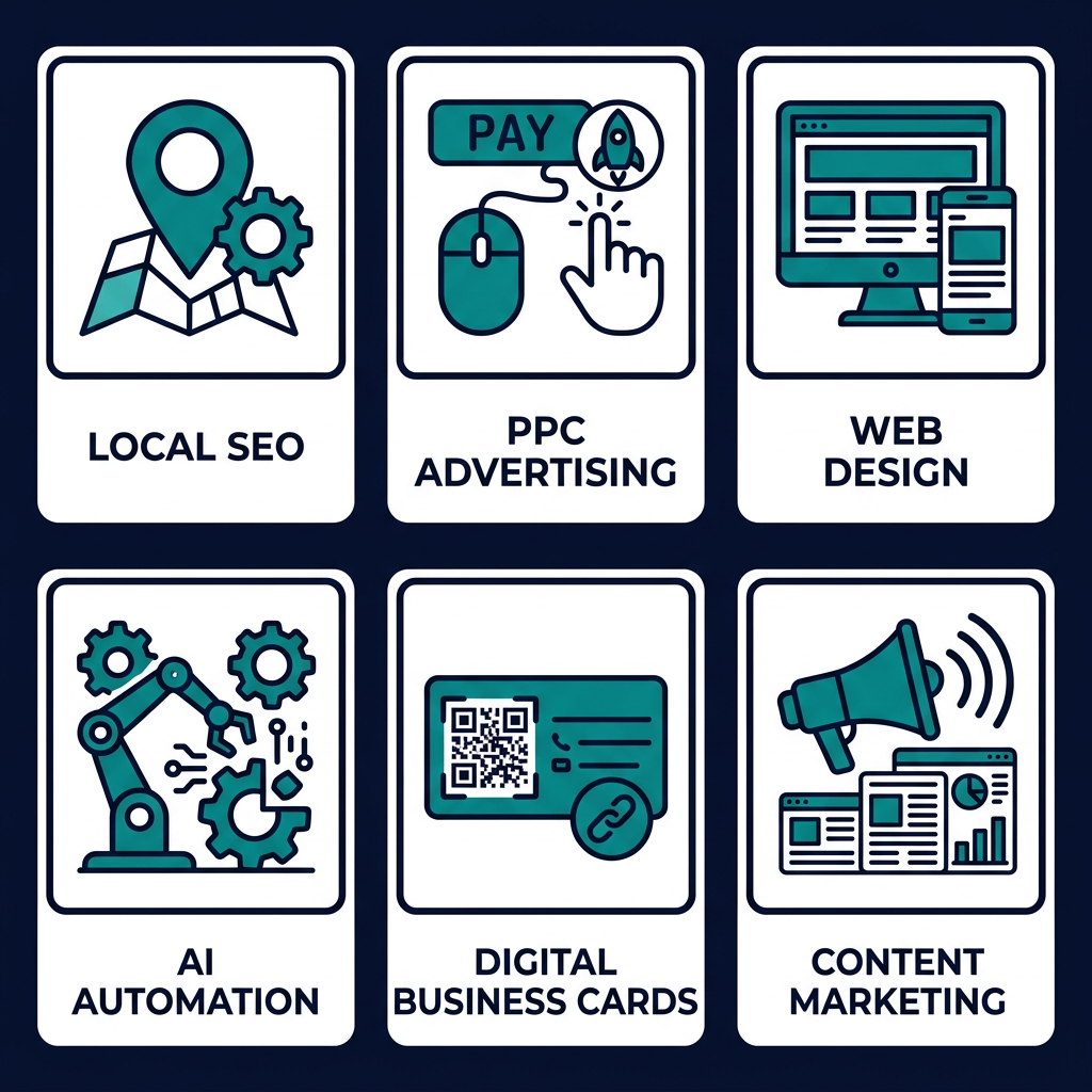 Digital Marketing Agency in Ottawa Clean icon grid displaying six digital marketing services for JavaLogix agency, including Local SEO, PPC Advertising, Web Design, AI Automation, Digital Business Cards, and Content Marketing.