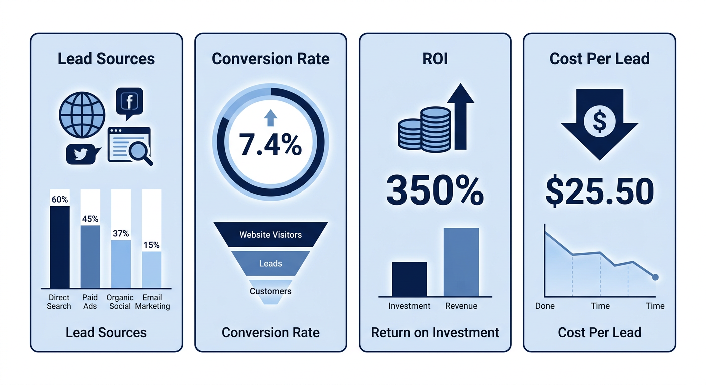Digital Marketing Agency in Ottawa Infographic showing four tiles: Lead Sources, Conversion Rate, ROI, and Cost Per Lead in blue and white minimal style