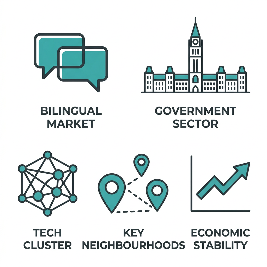 SEO Services in Ottawa Top SEO Company Icon set showing five local SEO factors for Ottawa: bilingual market, government sector, technology cluster, key neighbourhoods, and economic stability