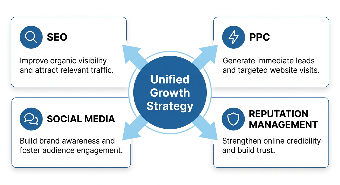 SEO Services in Ottawa Top SEO Company Infographic showing four interconnected digital marketing services: SEO, PPC, Social Media, and Reputation Management, linked to a central Unified Growth Strategy hub with arrows and icons