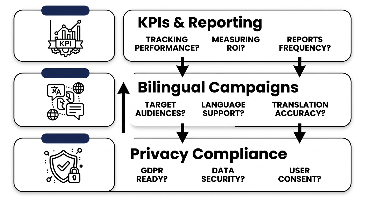 Digital Marketing Agency in Canada Three-step vertical process flow showing essential questions for digital marketing agreements: KPIs and Reporting, Bilingual Campaigns, and Privacy Compliance.