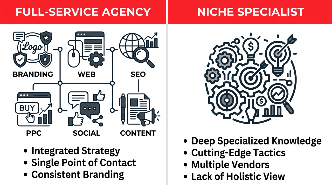 Digital Marketing Agency in Canada Comparison infographic showing full-service agency with interconnected icons versus niche specialist with a single focused icon, using Canadian red, white and dark grey tones.