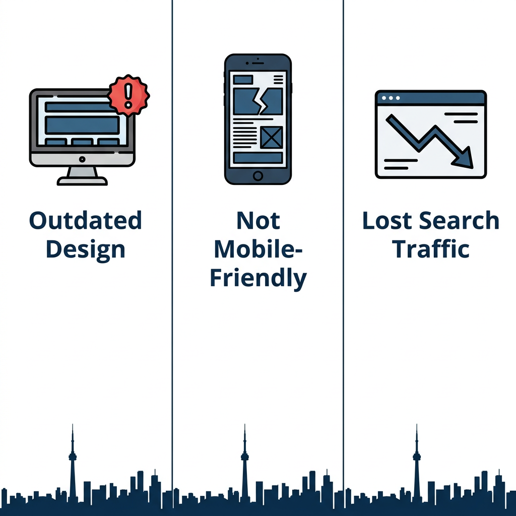 Web Design and Development in Toronto Infographic showing three signs a Toronto business needs a new website: outdated design, not mobile-friendly, and lost search traffic