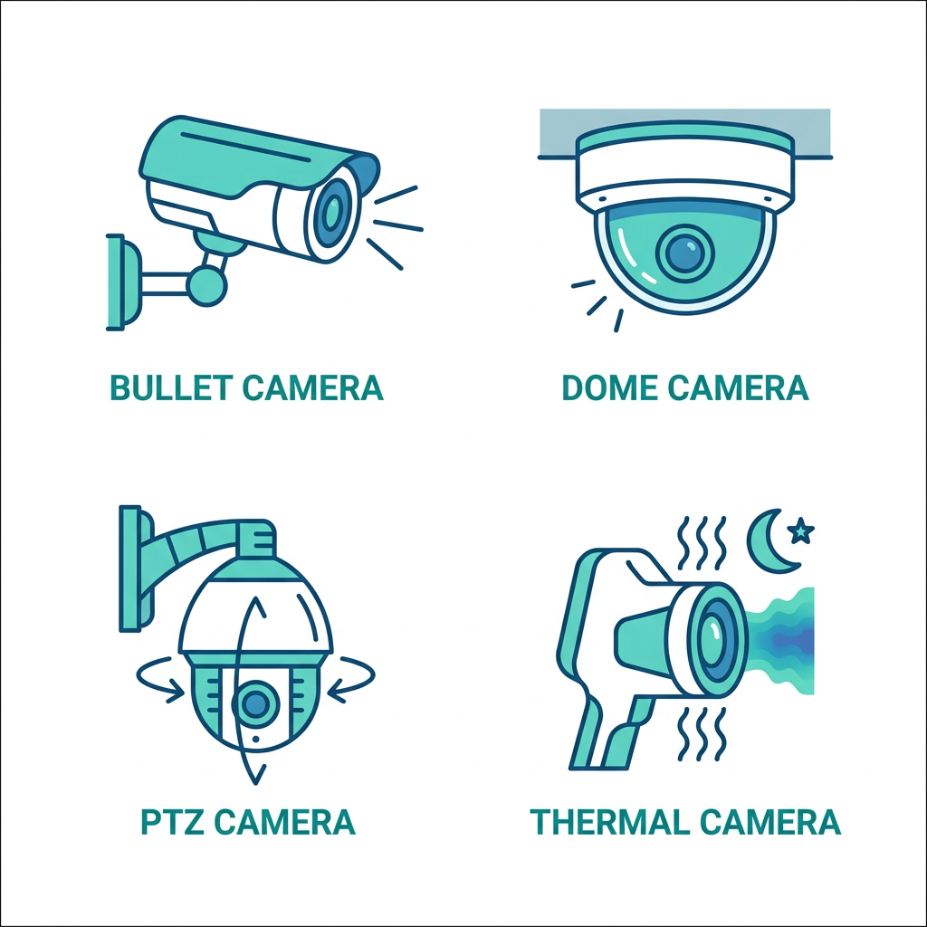 Icon set showing four CCTV camera types for Denver commercial properties: bullet, dome, PTZ, and thermal cameras in teal and blue outlined style on white background