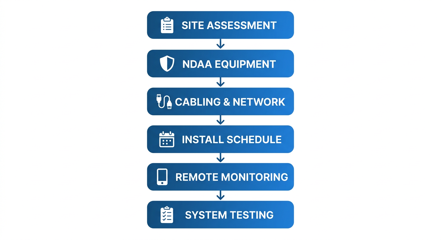 Vertical process flow showing six steps for commercial CCTV project in Denver: Site Assessment, NDAA Equipment, Cabling and Network, Install Schedule, Remote Monitoring, and System Testing, with blue gradient boxes and white icons, following CISA guidelines.
