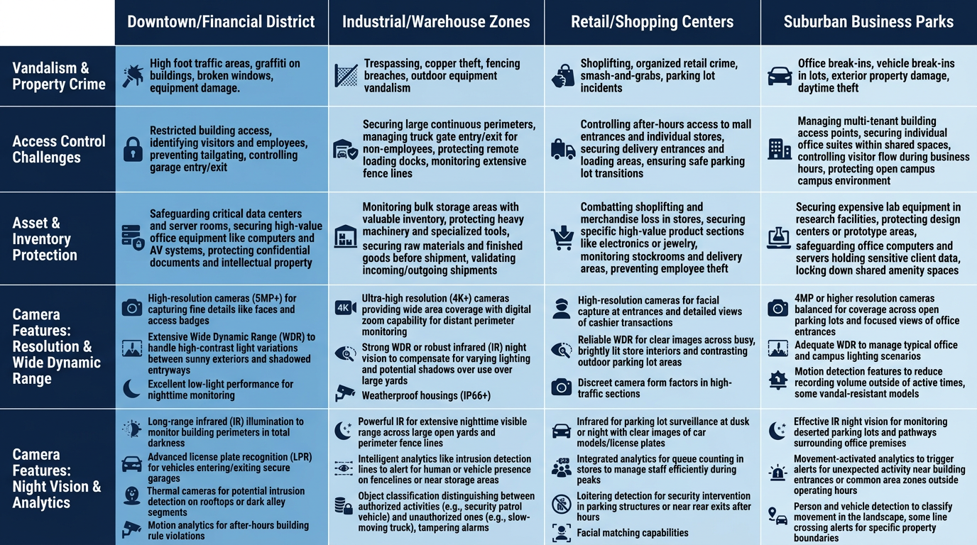 Comparison chart of Denver commercial area types with security concerns and recommended camera features
