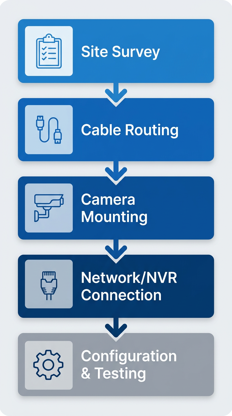 Vertical process flow diagram showing five steps to install a commercial security camera system in Denver: site survey, cable routing, camera mounting, network/NVR connection, and configuration and testing.
