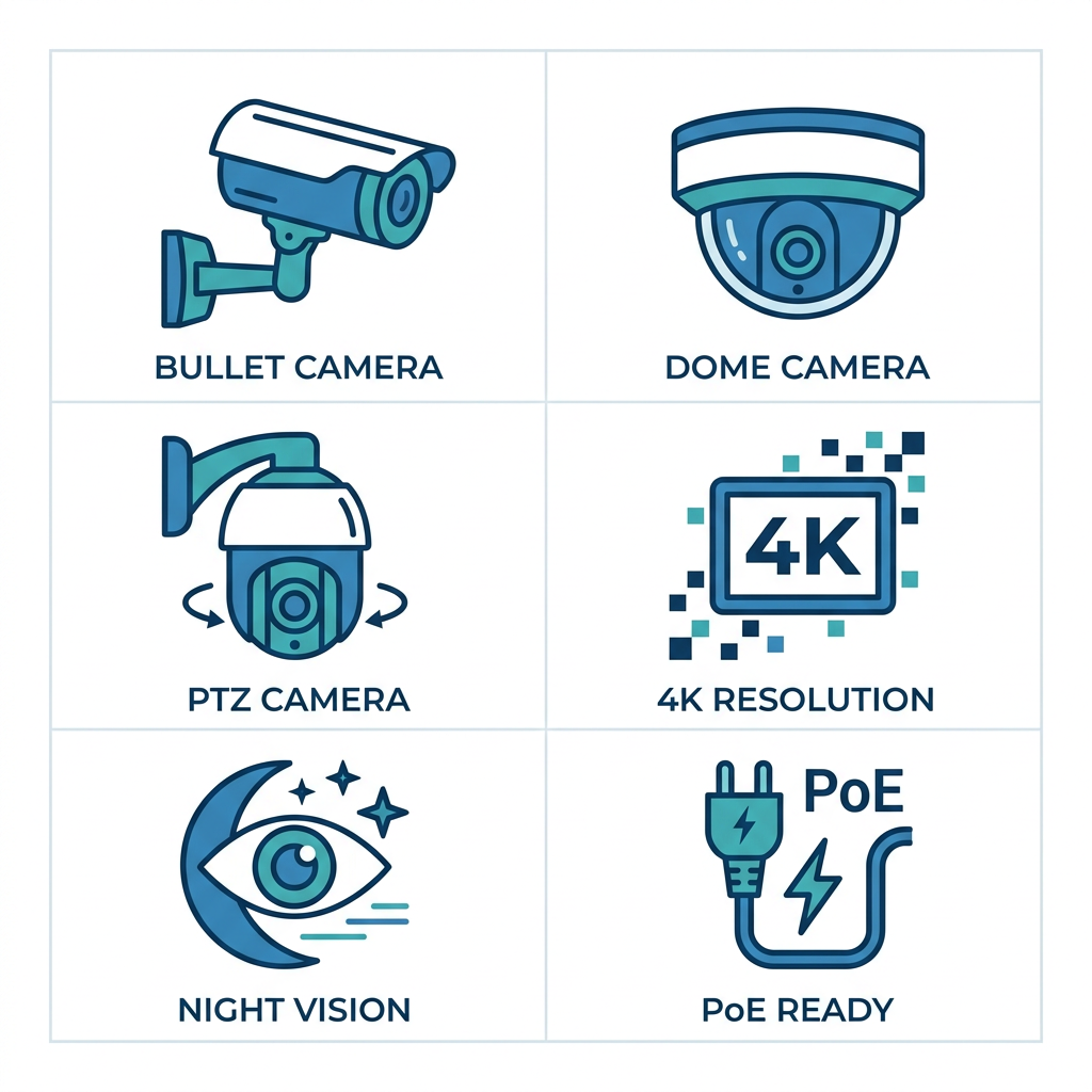 Six icons representing security equipment categories