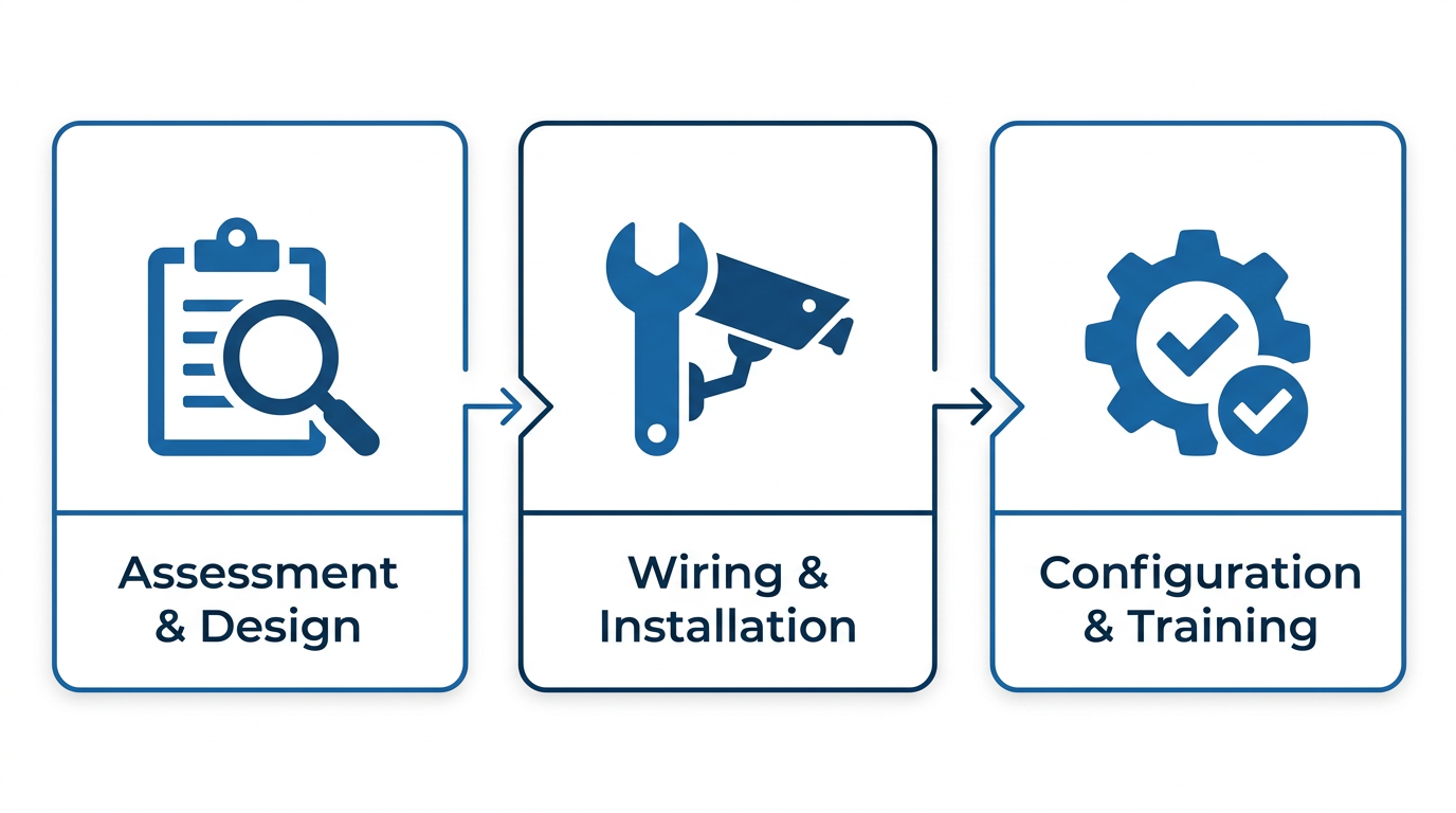 Three-step process flow diagram showing the video surveillance installation process for Denver properties.