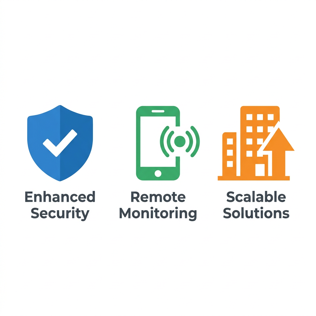 Row of three icons for security, remote monitoring, and scalable surveillance solutions.