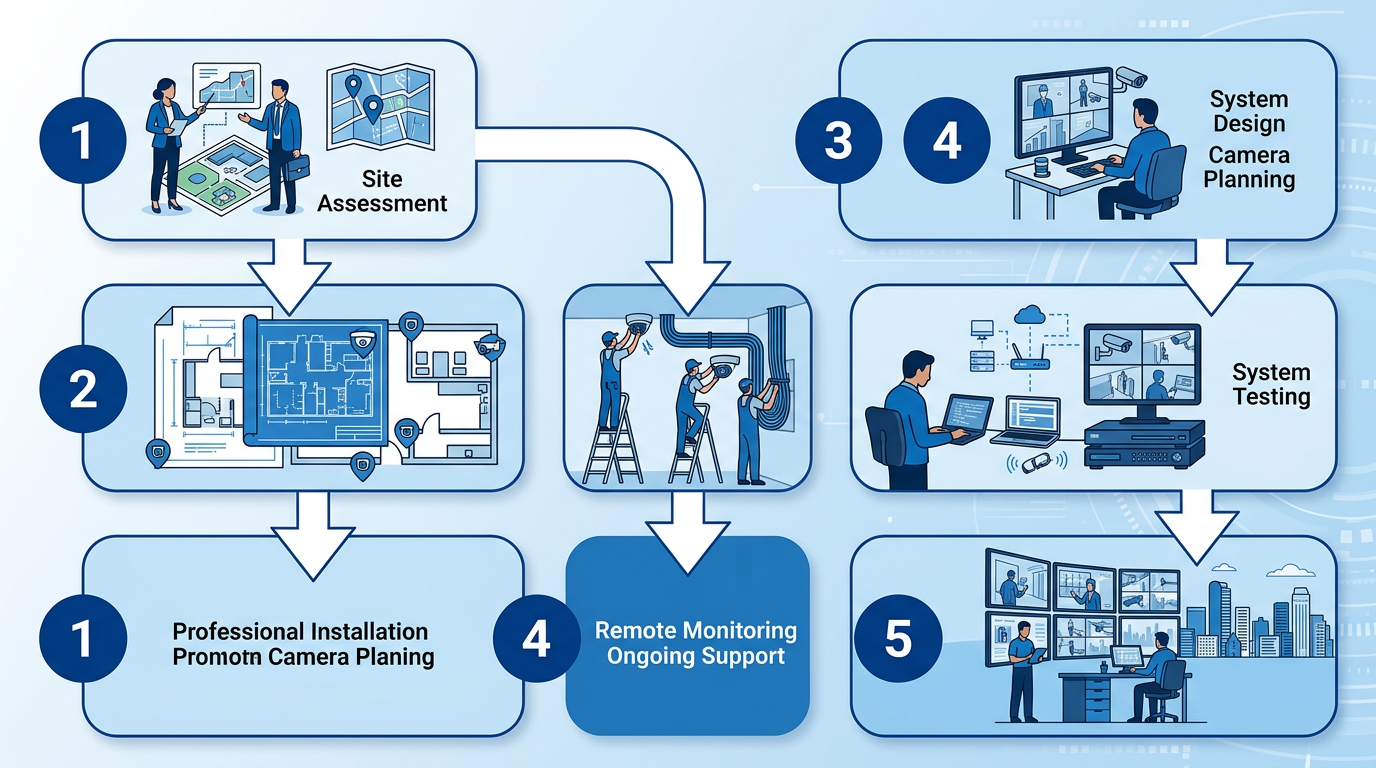 Vertical process flow diagram showing five steps for deploying a business video surveillance system in Denver, from consultation to ongoing support.