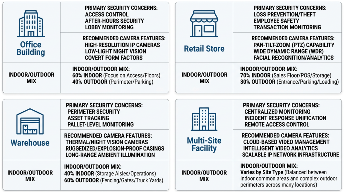 Professional infographic showing four commercial property types in Denver: Office Building, Retail Store, Warehouse, and Multi-Site Facility, each with security concerns, camera features, and indoor/outdoor mix labels.