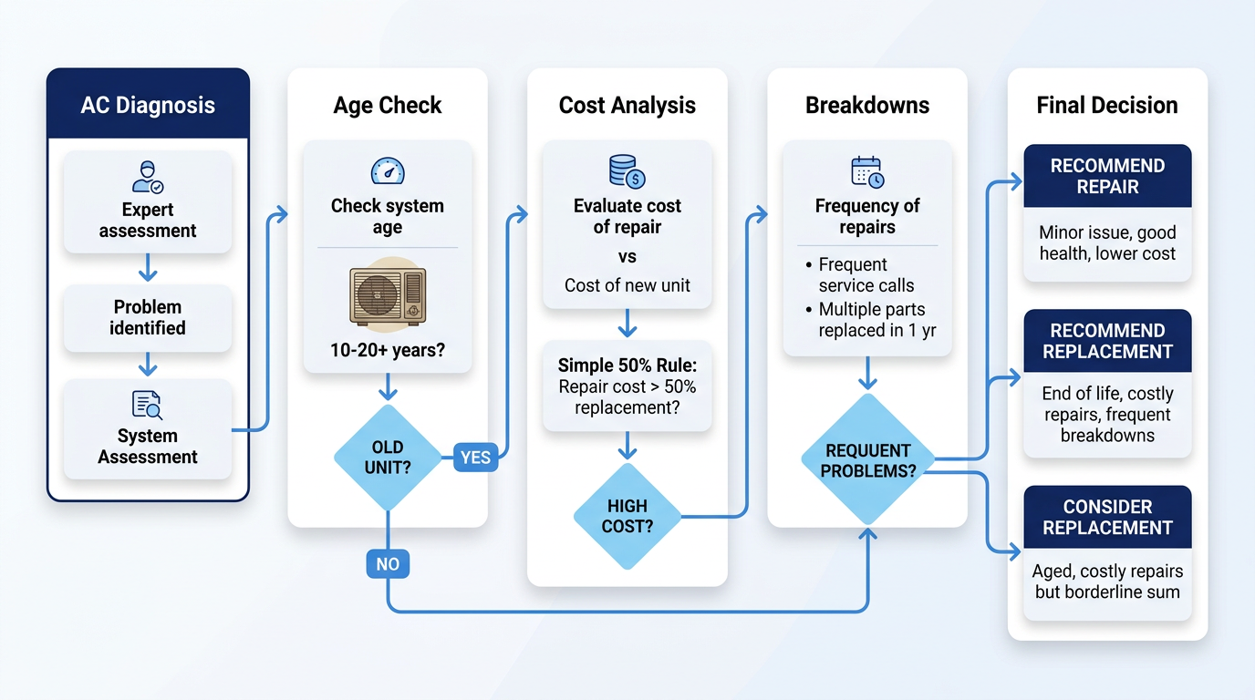 Horizontal decision flowchart comparing AC repair versus replacement criteria including diagnosis, unit age, repair cost, breakdown frequency, and final recommendation, using blue tones and arrows for Schwantes Heating in Stillwater.