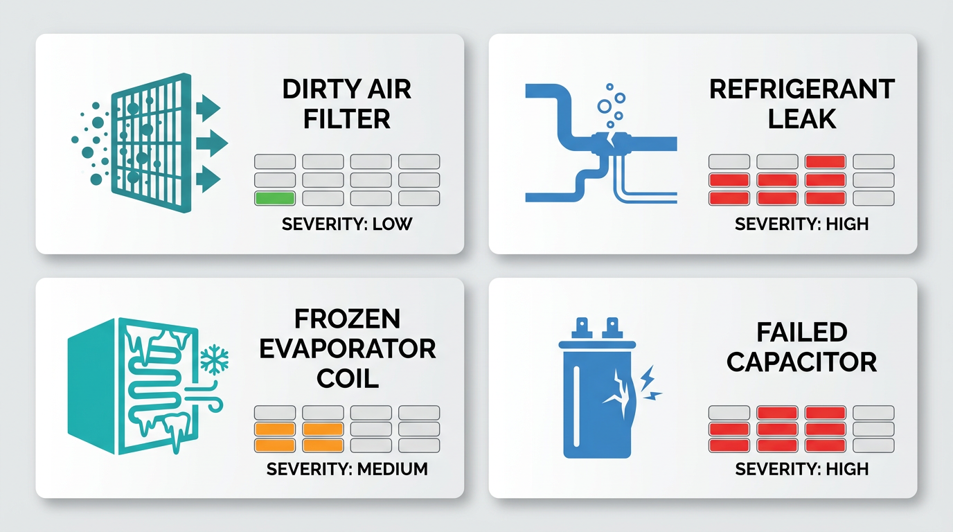 A 2x2 grid infographic showing four common AC issues: dirty air filter, refrigerant leak, frozen evaporator coil, and failed capacitor with icons and severity indicators