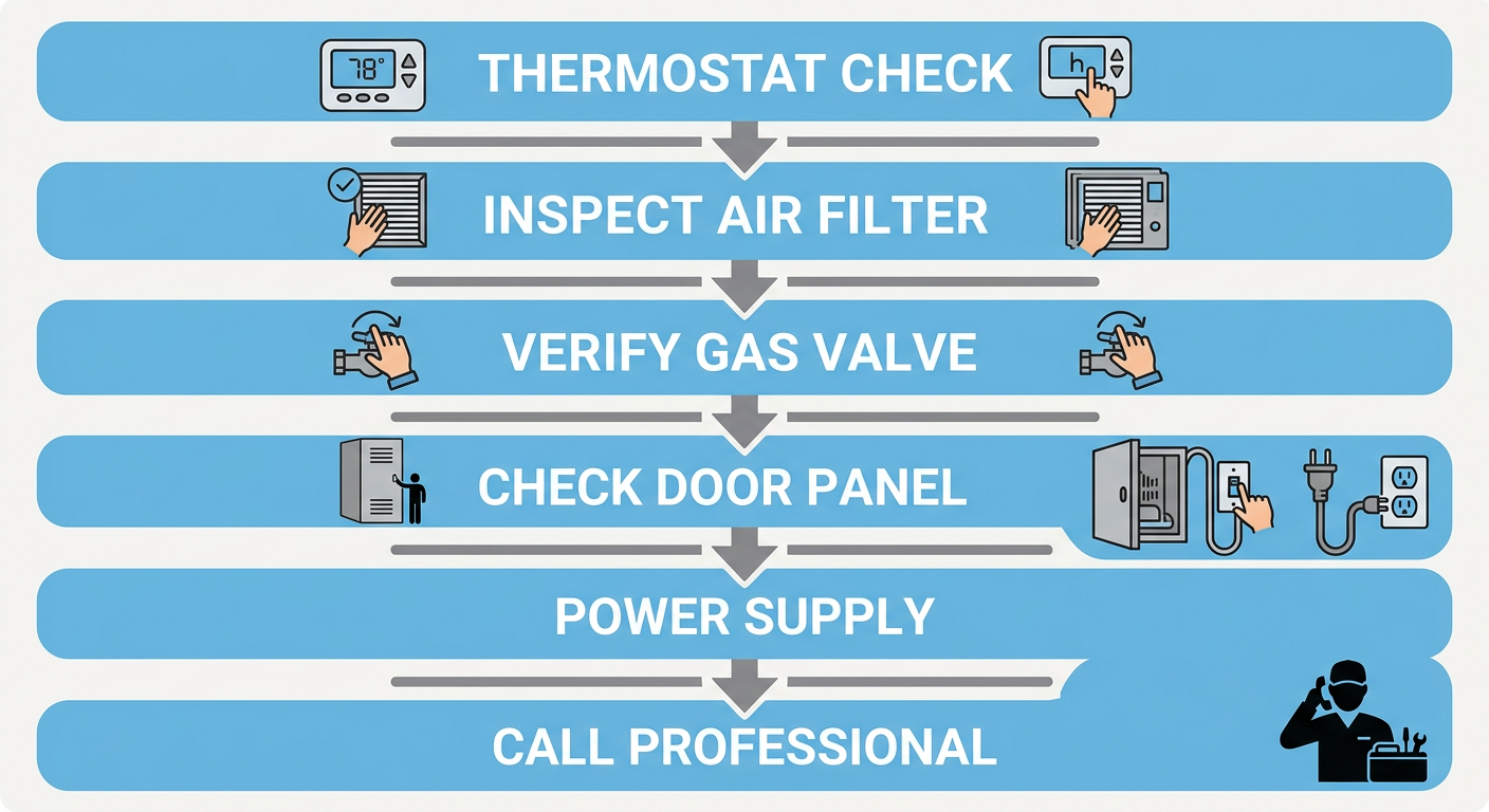 Six troubleshooting steps for a furnace blowing cold air, shown as blue rounded rectangles connected by downward arrows