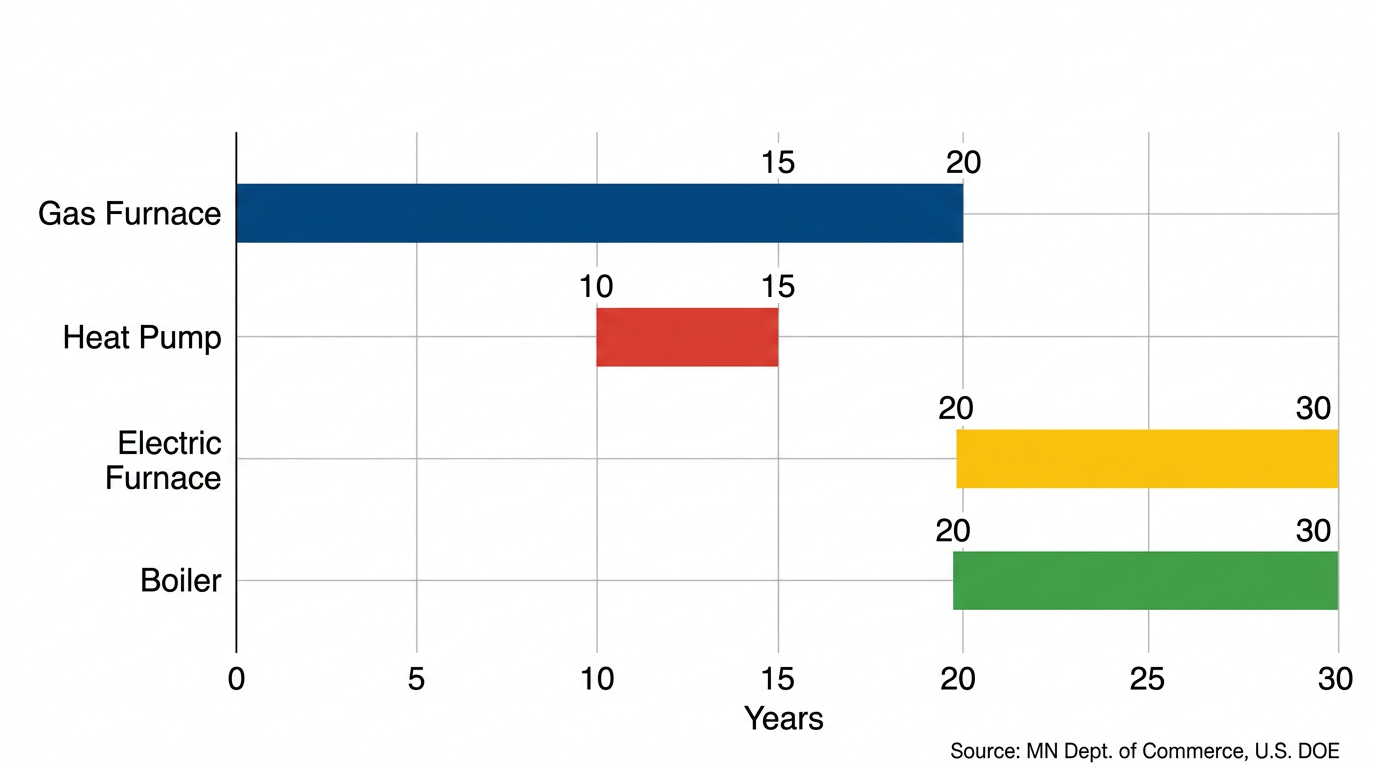 Horizontal bar chart comparing lifespan of four heating systems: Gas Furnace 15-20 years, Heat Pump 10-15 years, Electric Furnace 20-30 years, Boiler 20-30 years, with blue, red, yellow, and green bars respectively.