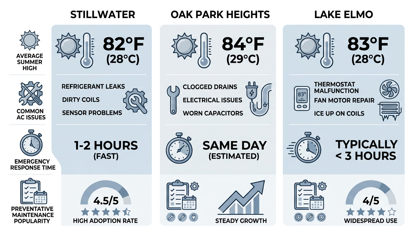 Infographic comparing AC service considerations across Stillwater, Oak Park Heights, and Lake Elmo