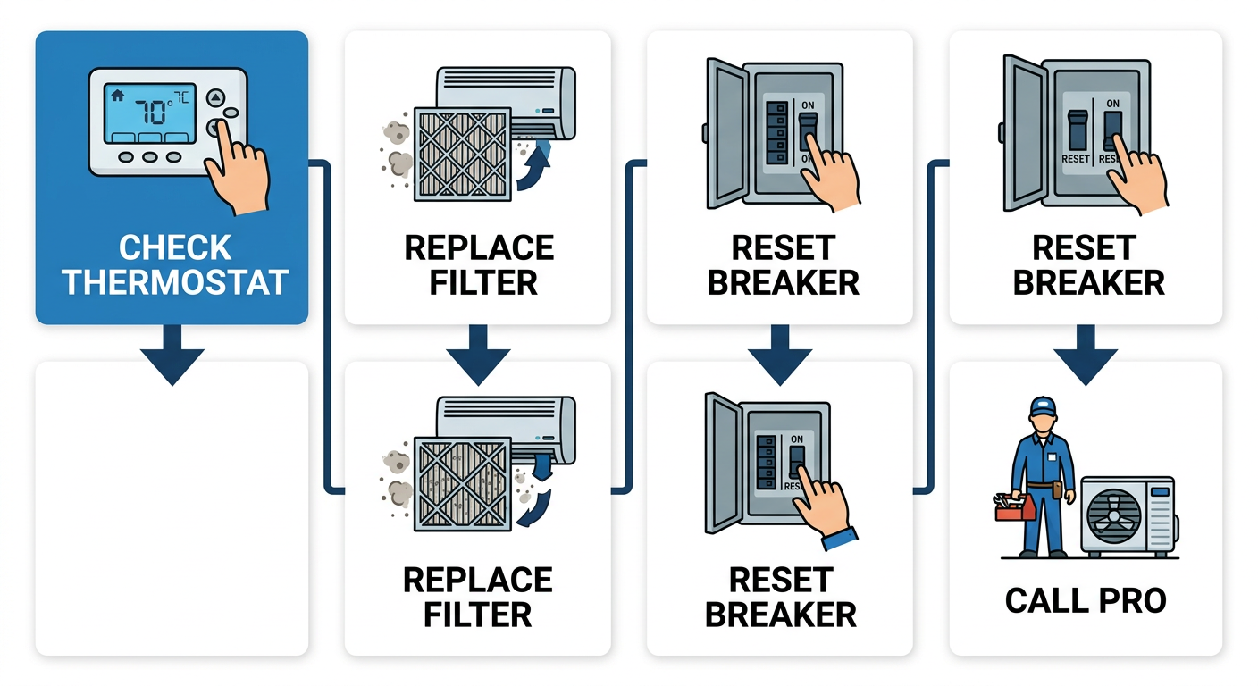 Vertical process-flow diagram with four steps for troubleshooting warm air from an air conditioner